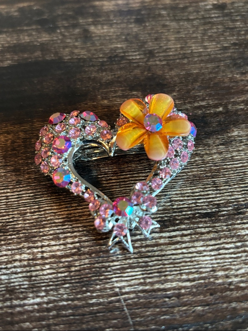 Pink Crystal Heart Barrette with Orange Flower Accent‎